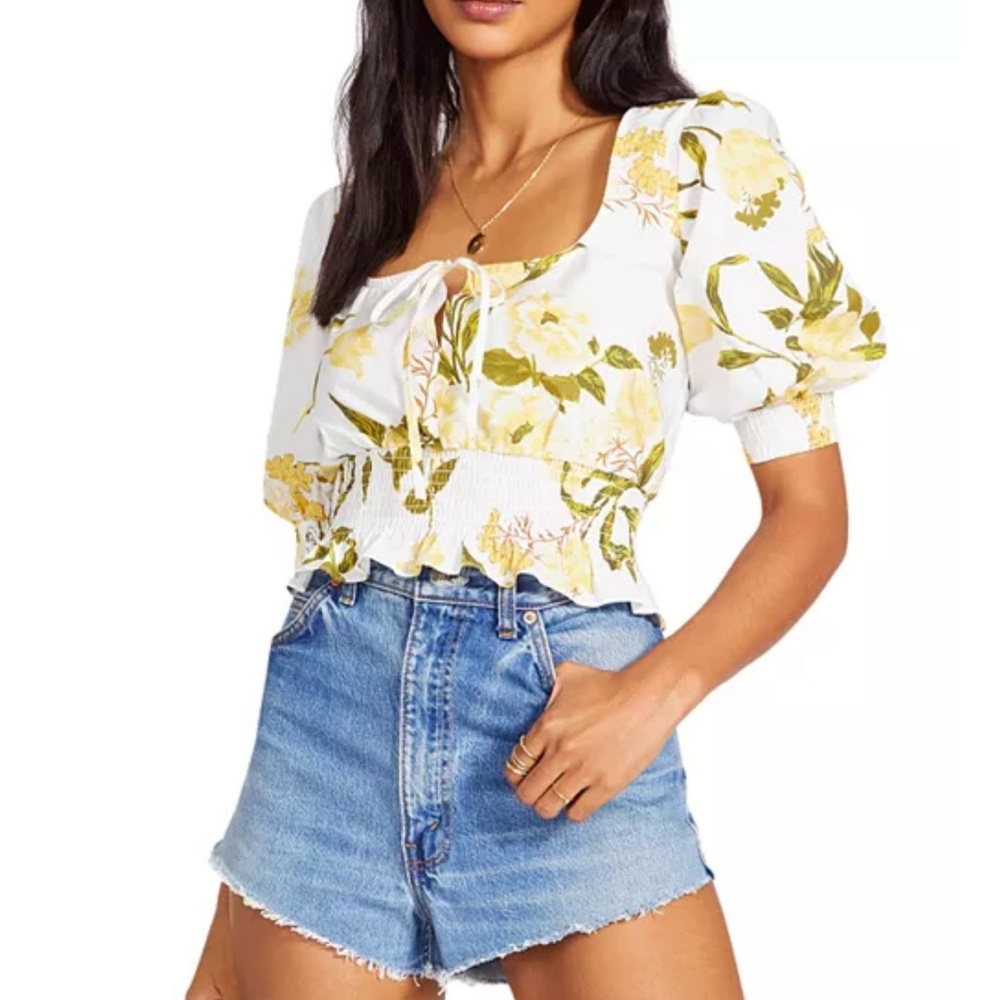 BB Dakota by Steve Madden Floral Puff Sleeve Blouse - White and Yellow